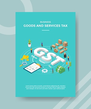 business goods and services tax people around GST text chard board box packed money for template of banner and flyer for printing magazine cover and poster GST registration